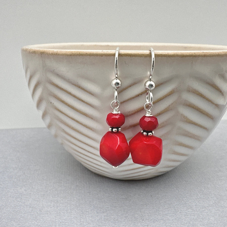 Red Coral and Sterling Silver Earrings. Genuine Coral Faceted Nugget Earrings - SunlightSilver