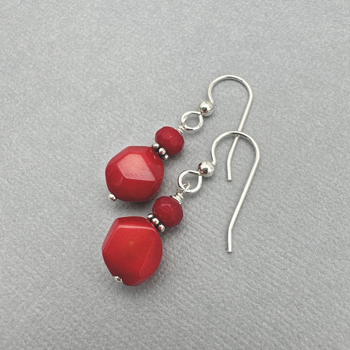 Red Coral and Sterling Silver Earrings. Genuine Coral Faceted Nugget Earrings - SunlightSilver