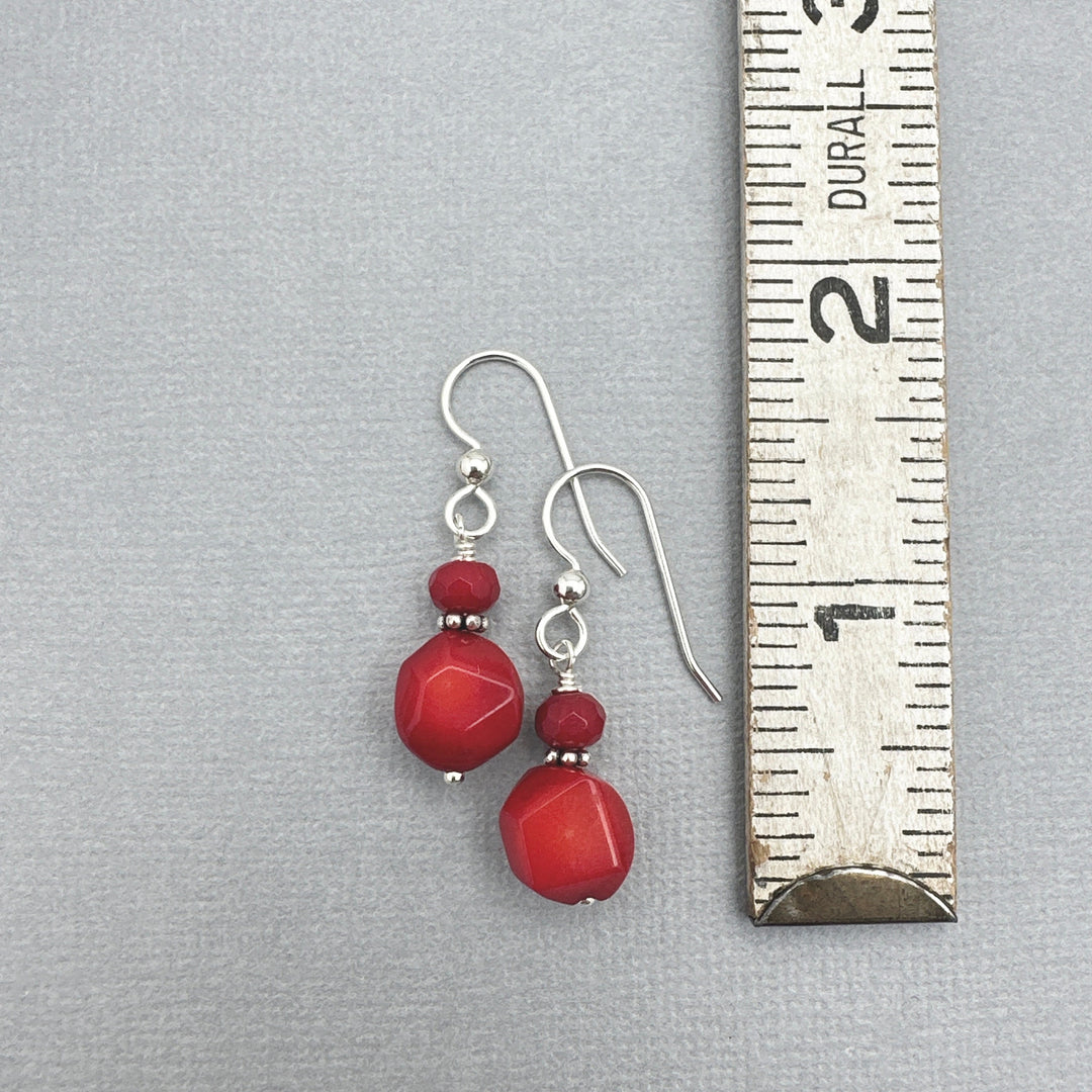 Red Coral and Sterling Silver Earrings. Genuine Coral Faceted Nugget Earrings - SunlightSilver