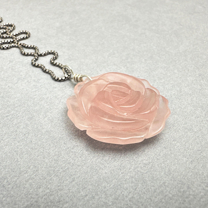 Carved Rose Quartz Flower and Sterling Silver Pendant Necklace - SunlightSilver