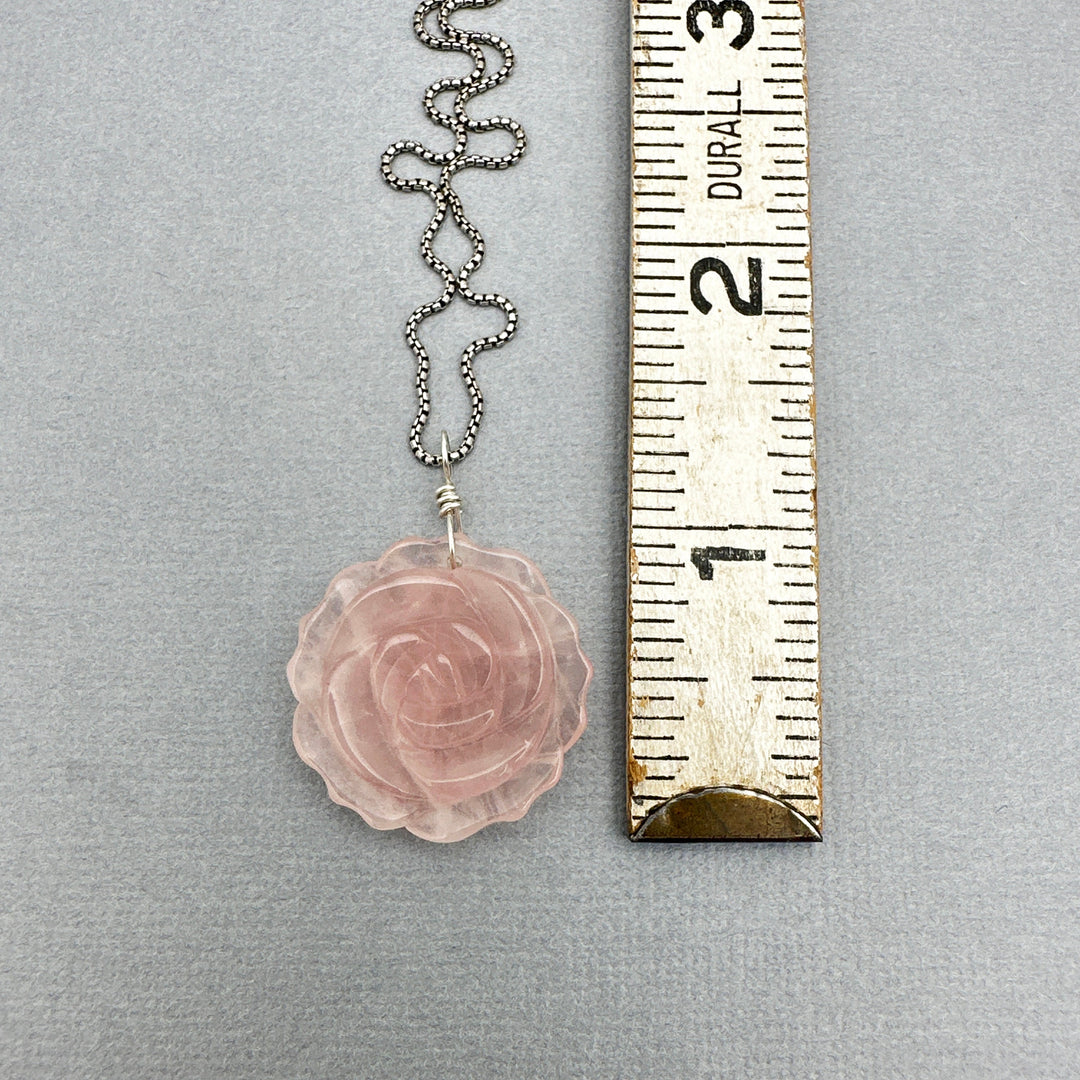 Carved Rose Quartz Flower and Sterling Silver Pendant Necklace - SunlightSilver