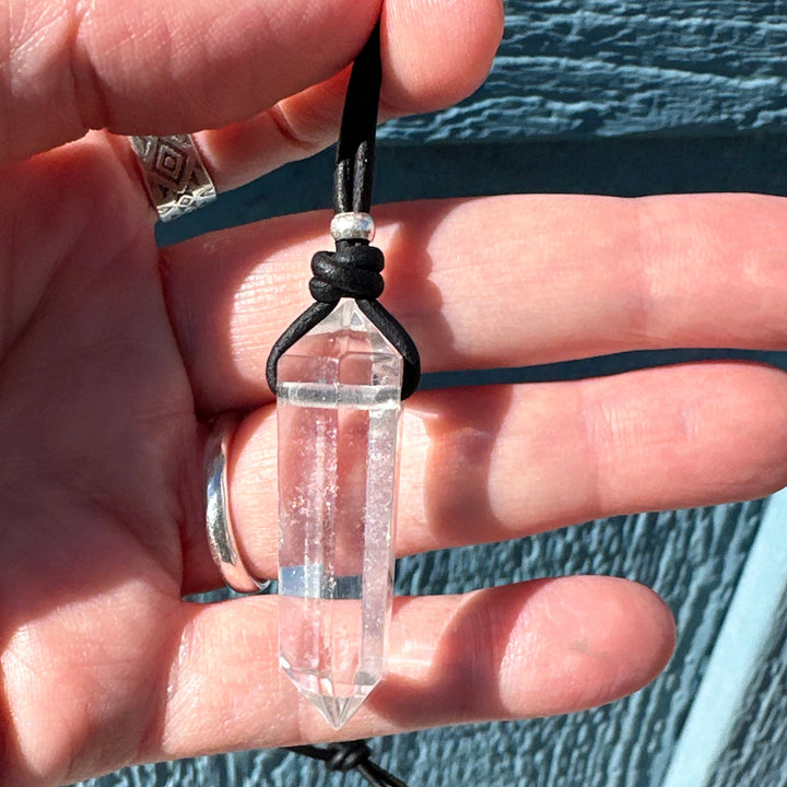 Crystal Quartz Point Pendant Leather Necklace - SunlightSilver