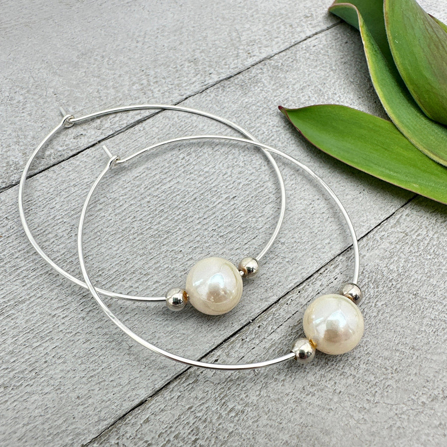 Freshwater Pearl and Sterling Silver Large Hoop Earrings - SunlightSilver