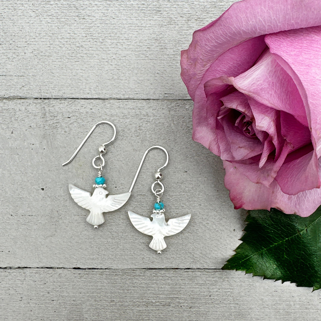 Turquoise, Mother of Pearl Thunder Bird and Sterling Silver Earrings - SunlightSilver