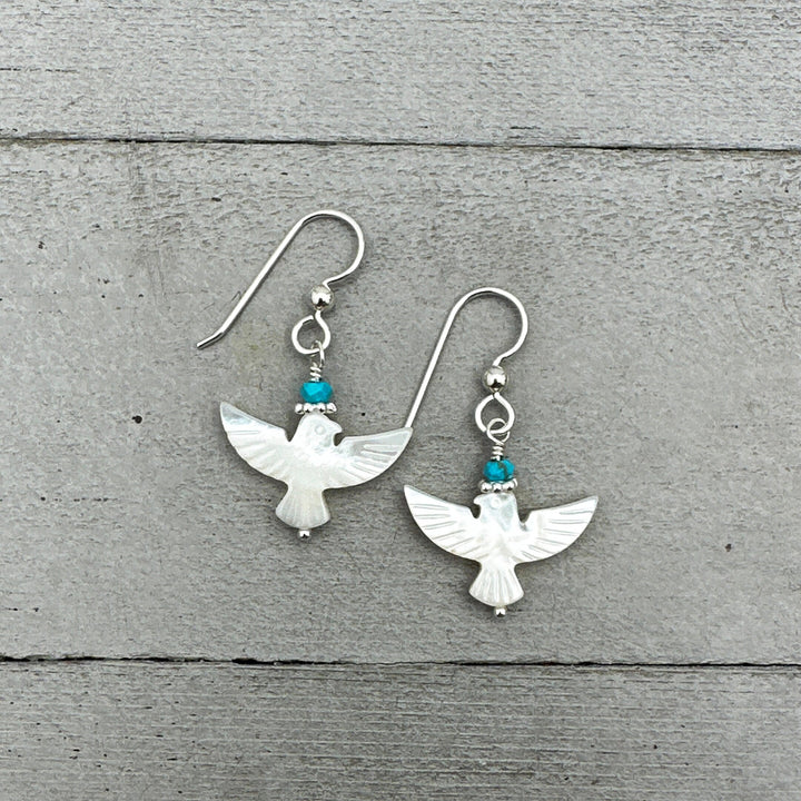 Turquoise, Mother of Pearl Thunder Bird and Sterling Silver Earrings - SunlightSilver