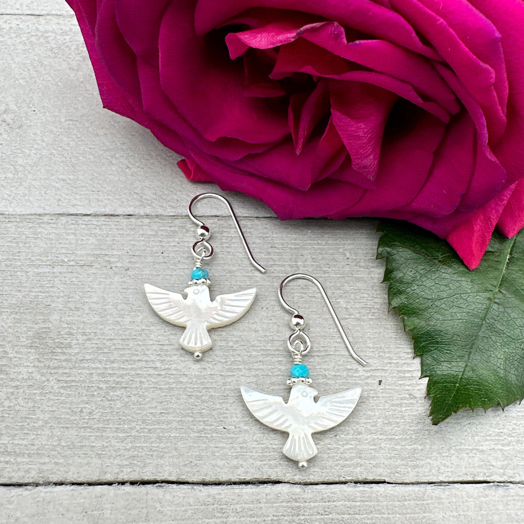 Turquoise, Mother of Pearl Thunder Bird and Sterling Silver Earrings - SunlightSilver