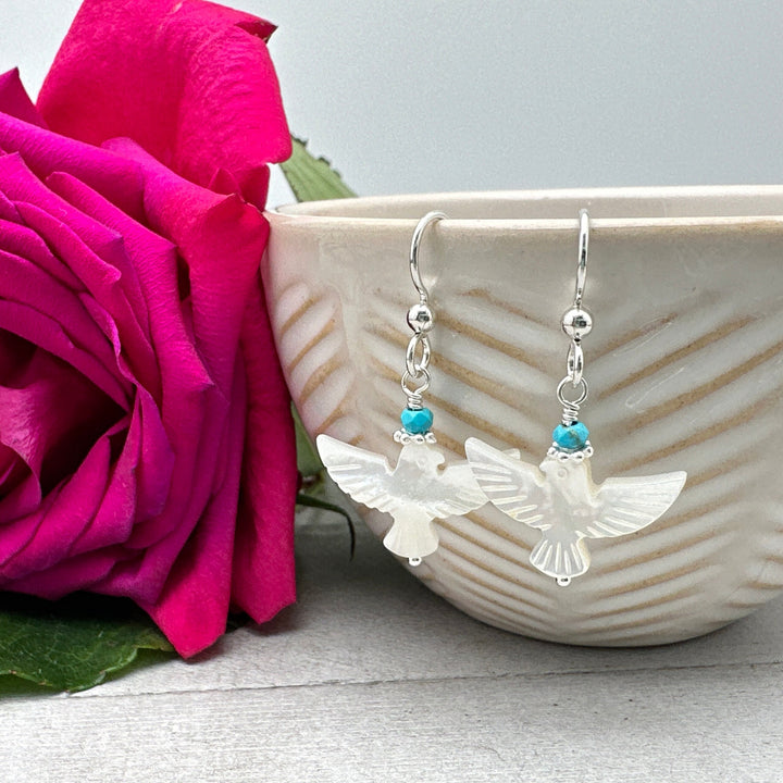 Turquoise, Mother of Pearl Thunder Bird and Sterling Silver Earrings - SunlightSilver