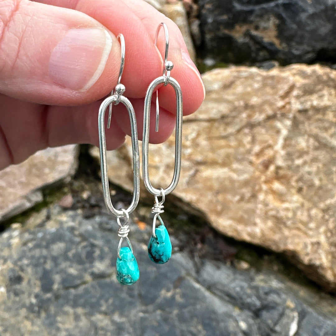 Turquoise Briolette and Sterling Silver Paperclip Hoop Earrings - SunlightSilver