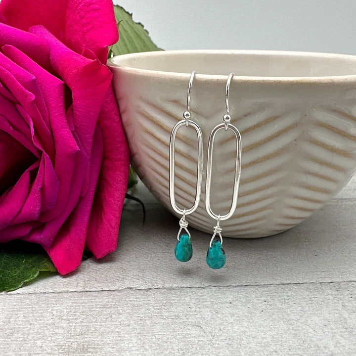 Turquoise Briolette and Sterling Silver Paperclip Hoop Earrings - SunlightSilver