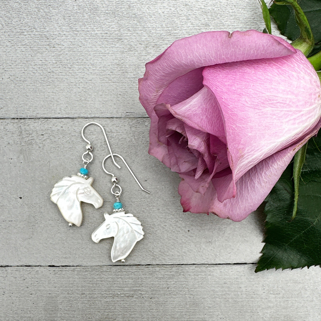 Turquoise, Carved Mother of Pearl Horse and Sterling Silver Earrings - SunlightSilver