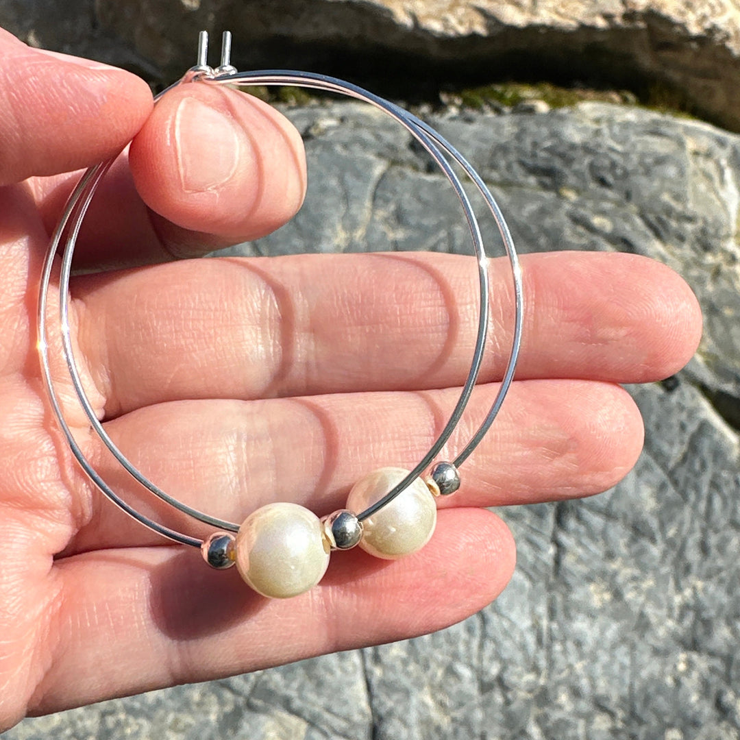 Freshwater Pearl and Sterling Silver Large Hoop Earrings - SunlightSilver