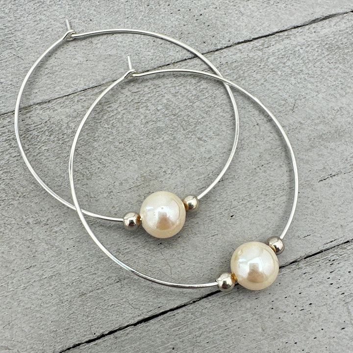 Freshwater Pearl and Sterling Silver Large Hoop Earrings - SunlightSilver