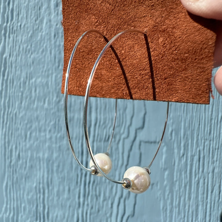 White Pearl Earrings | Sterling Silver Large Hoops | Freshwater Pearls, June Birthstone Gift - SunlightSilver