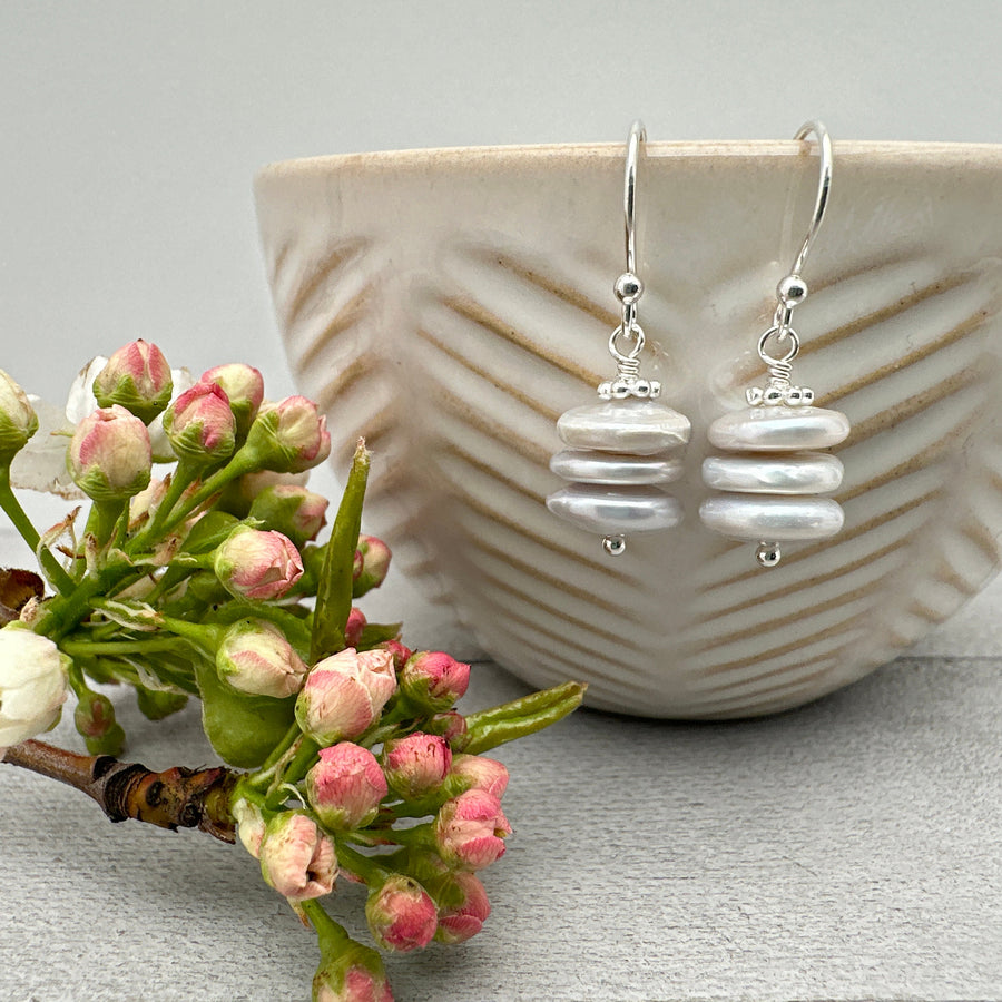 Pearl Stack Earrings with Solid Sterling Silver - SunlightSilver
