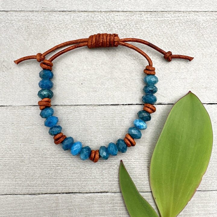 Apatite and Rustic Brown Leather Bracelet - SunlightSilver