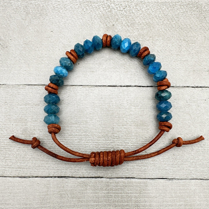 Apatite and Rustic Brown Leather Bracelet - SunlightSilver