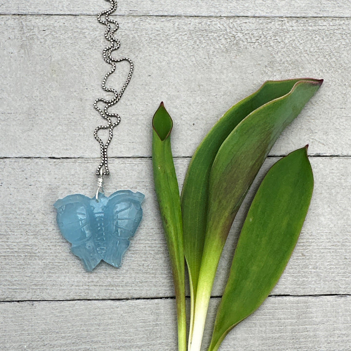 Carved Blue Aquamarine Butterfly and Sterling Silver Pendant Necklace - SunlightSilver