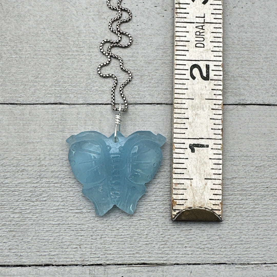 Carved Blue Aquamarine Butterfly and Sterling Silver Pendant Necklace - SunlightSilver