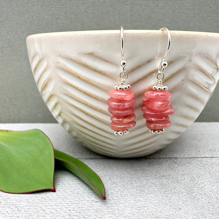 Gemmy Pink Rhodochrosite Stack Earrings with Solid Sterling Silver - SunlightSilver