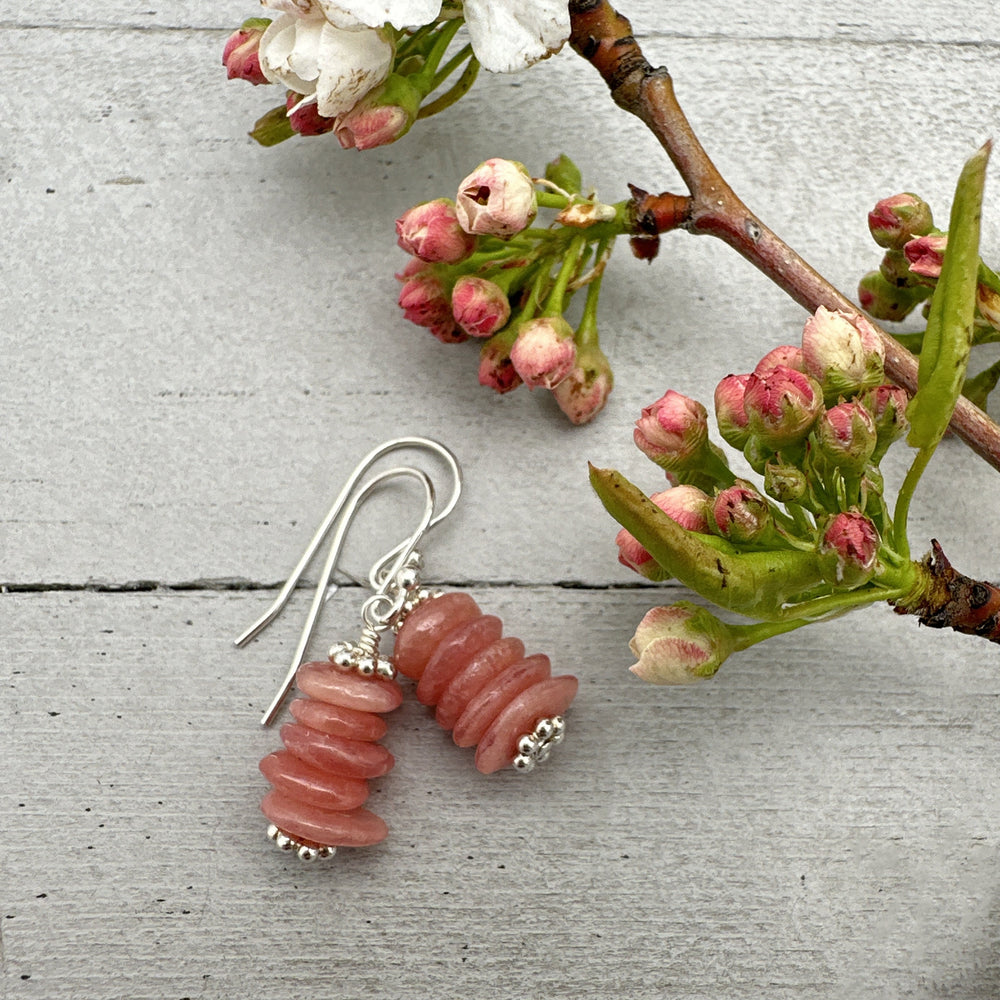 Gemmy Pink Rhodochrosite Earrings - Solid Sterling Silver - Watermelon Pink - Cairn Stack - SunlightSilver