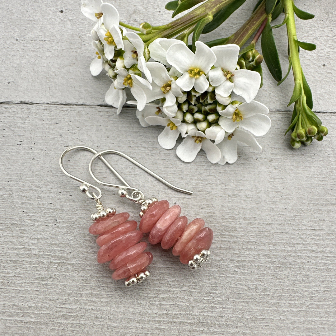 Gemmy Pink Rhodochrosite Earrings - Solid Sterling Silver - Watermelon Pink - Cairn Stack - SunlightSilver