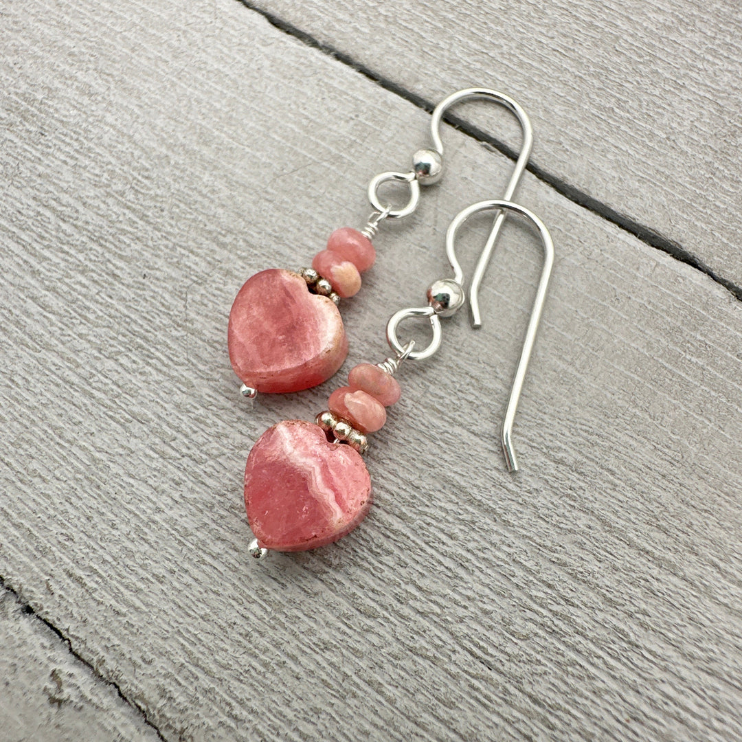 Pink Rhodochrosite Heart Earrings with Solid Sterling Silver - SunlightSilver