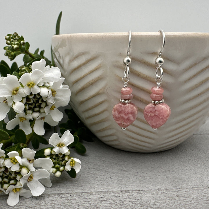 Pink Rhodochrosite Heart Earrings with Solid Sterling Silver - SunlightSilver