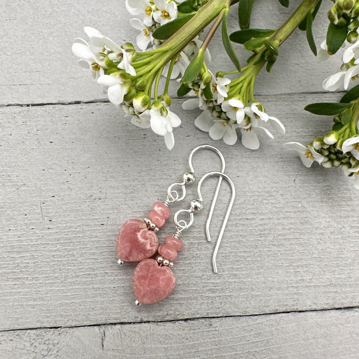 Pink Rhodochrosite Heart Earrings with Solid Sterling Silver - SunlightSilver