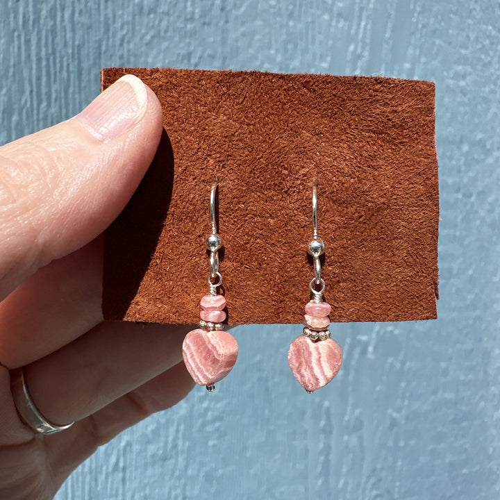 Pink Rhodochrosite Heart Earrings with Solid Sterling Silver - SunlightSilver