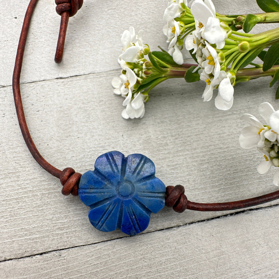 Lapis Lazuli Carved Flower and Brown Leather Necklace. - SunlightSilver