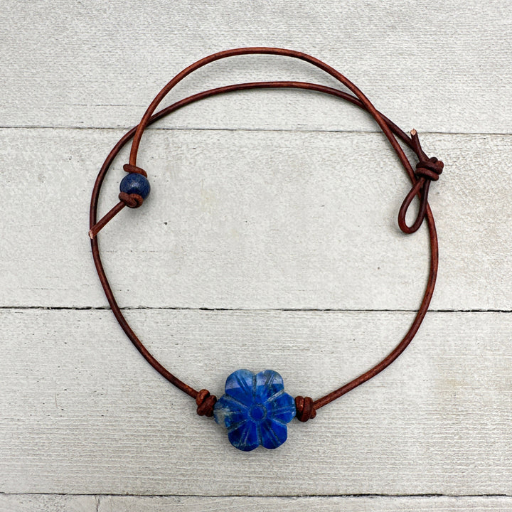 Lapis Lazuli Carved Flower and Brown Leather Necklace - SunlightSilver