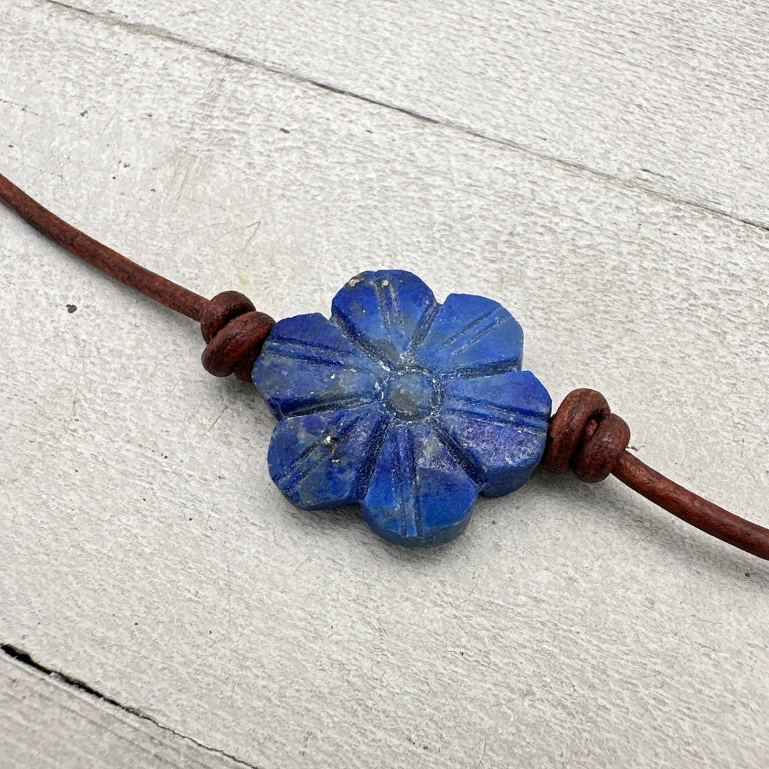 Lapis Lazuli Carved Flower and Brown Leather Necklace. - SunlightSilver