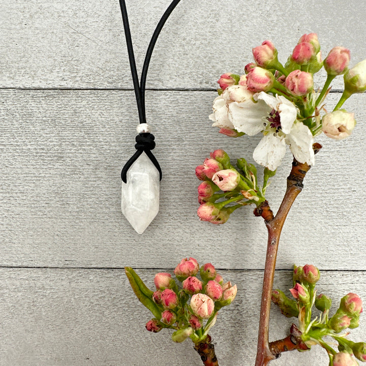 Moonstone Crystal Point Pendant Leather Necklace. Healing Crystal - SunlightSilver