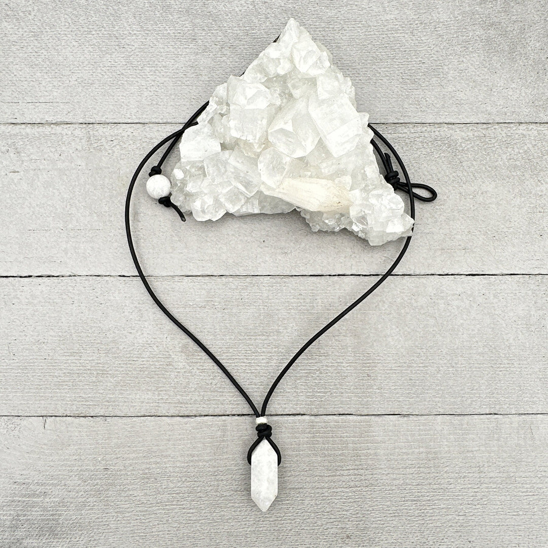 Moonstone Crystal Point Pendant Leather Necklace. Healing Crystal - SunlightSilver