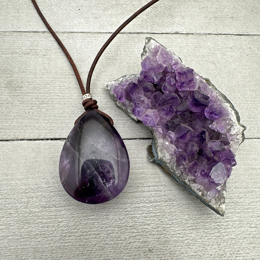 Amethyst Pendant Leather Necklace. Healing Crystal Purple Chevron Amethyst - SunlightSilver