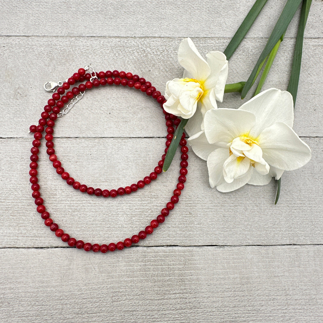 Red Coral and Sterling Silver Beaded Necklace - SunlightSilver