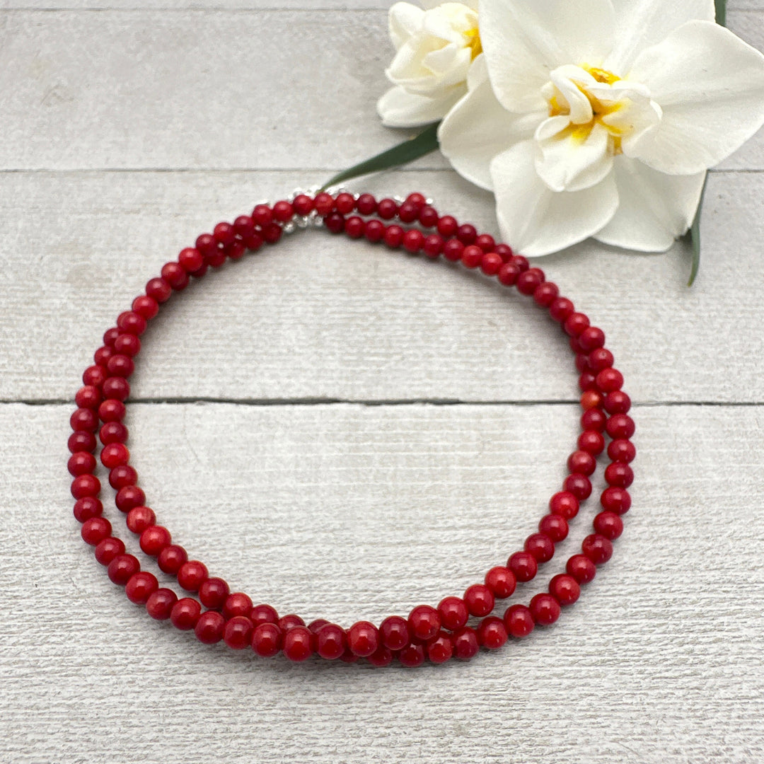Red Coral and Sterling Silver Beaded Necklace - SunlightSilver