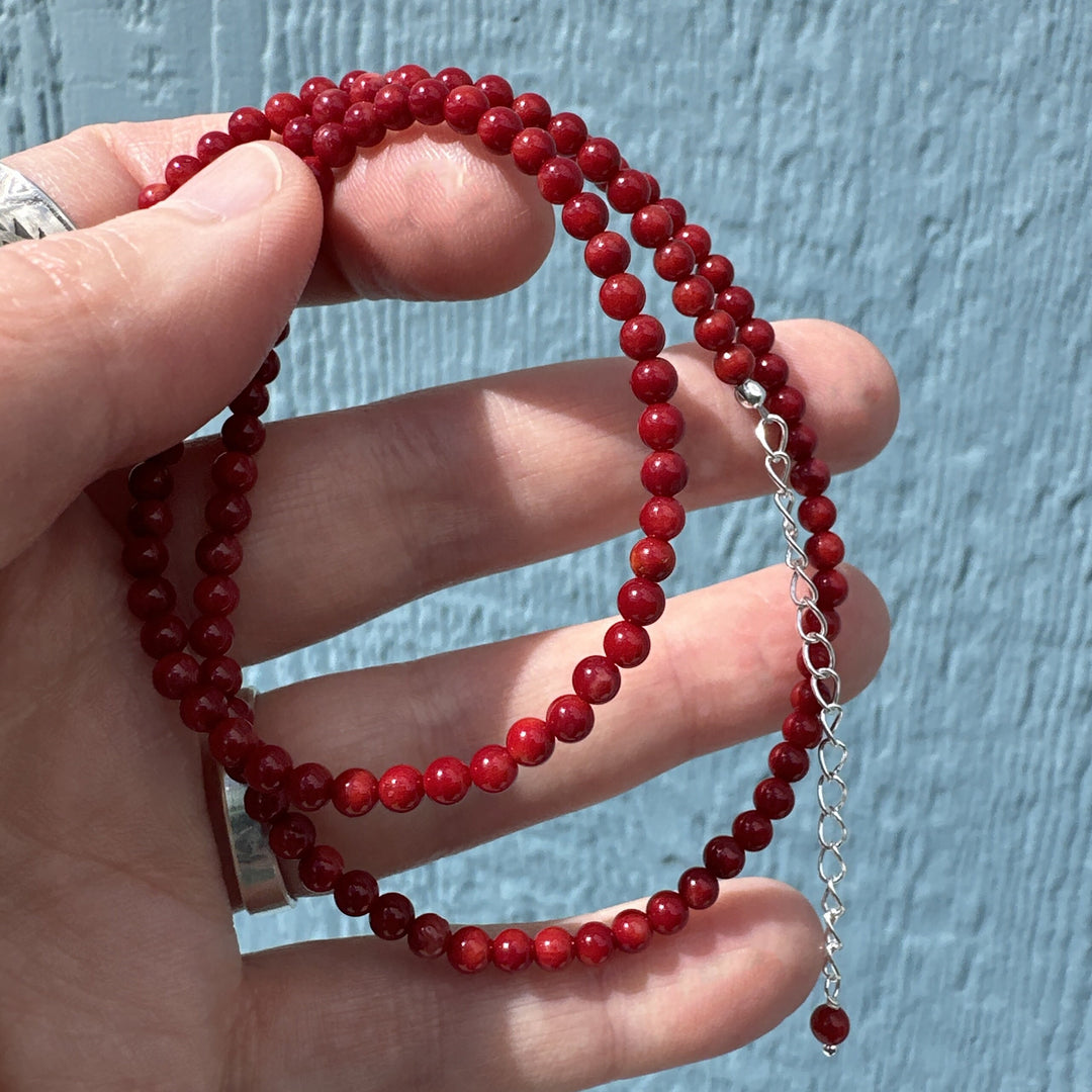 Red Coral and Sterling Silver Beaded Necklace - SunlightSilver