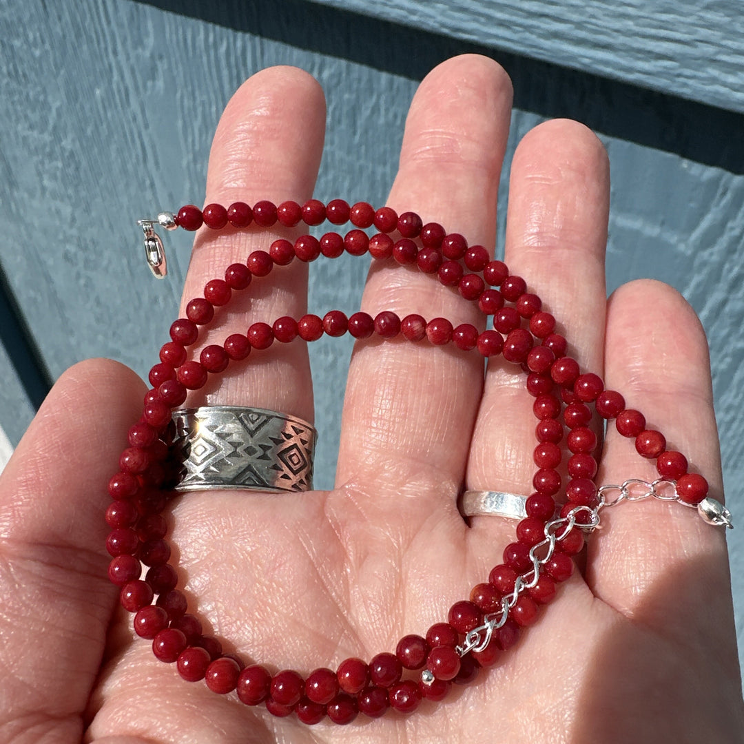 Red Coral and Sterling Silver Beaded Necklace - SunlightSilver