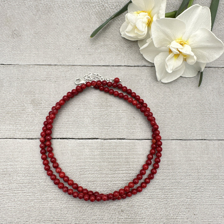 Red Coral Beaded Necklace – 4mm Genuine Coral Gemstone Strand with Sterling Silver, Adjustable 16–18 Inches - SunlightSilver