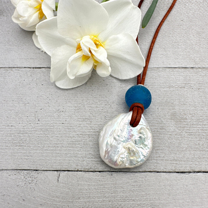 Freshwater Pearl Adjustable Leather Necklace with Sterling Silver and African Recycled Blue Glass - SunlightSilver