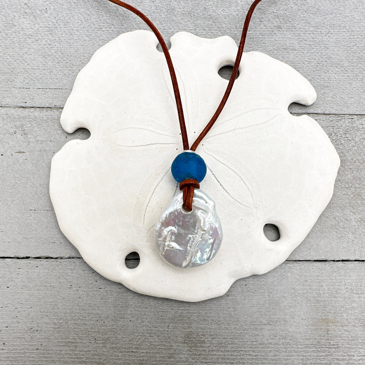 Freshwater Pearl Adjustable Leather Necklace with Sterling Silver and African Recycled Blue Glass - SunlightSilver