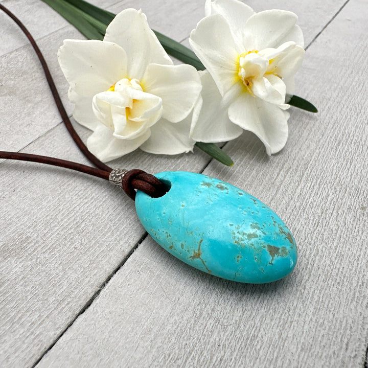 Kingman Turquoise and Black Leather Necklace - SunlightSilver