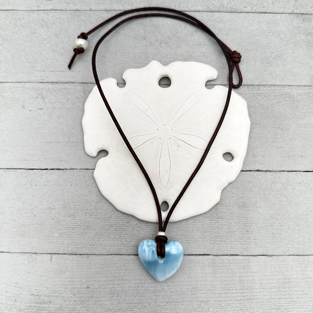 Larimar Heart Crystal and Rustic Brown Leather Necklace - SunlightSilver