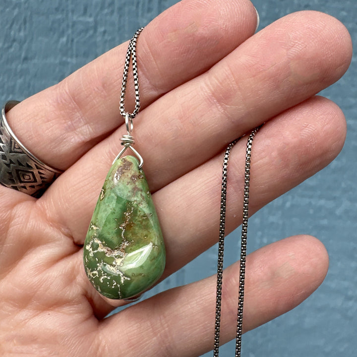 Green Turquoise Mountain Nugget Pendant on a Sterling Silver Chain - SunlightSilver