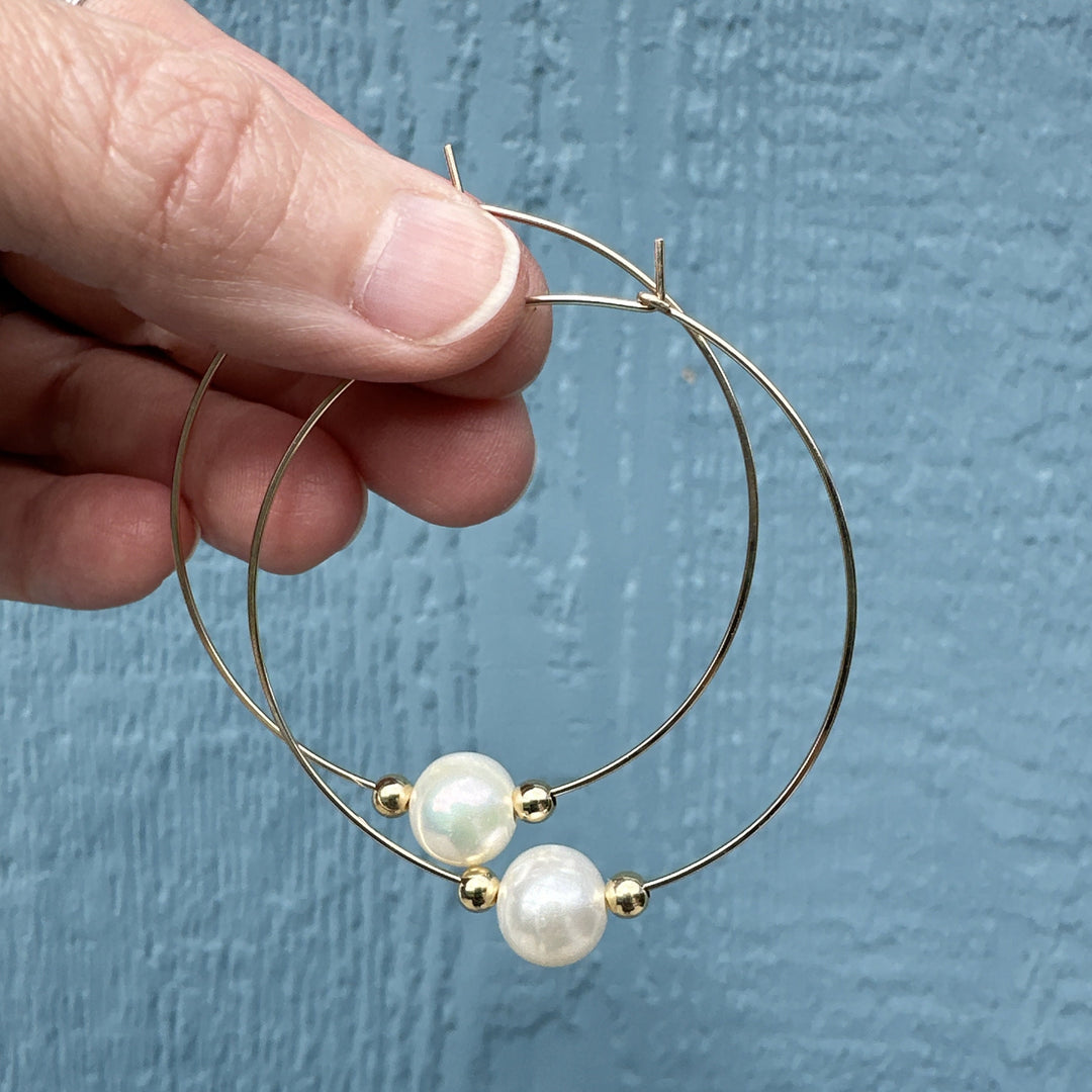 Freshwater Pearl and 14k Yellow Gold Fill Large Hoop Earrings - SunlightSilver