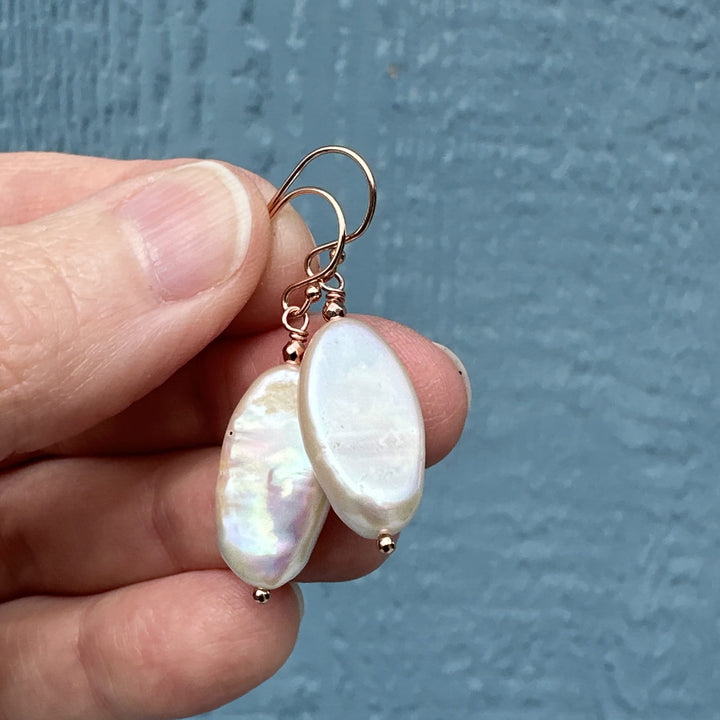 Gorgeous Champagne Pearl and 14k Rose Gold Fill Earrings. Thick, Lustrous Nacre - SunlightSilver