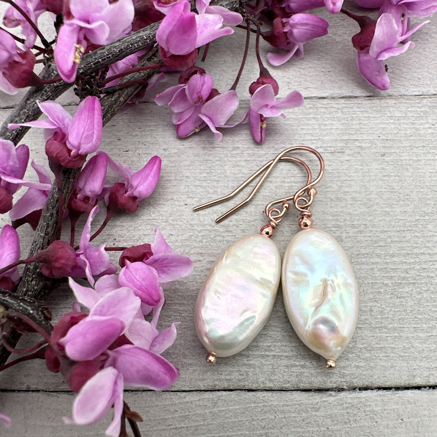 Gorgeous Champagne Pearl and 14k Rose Gold Fill Earrings - SunlightSilver