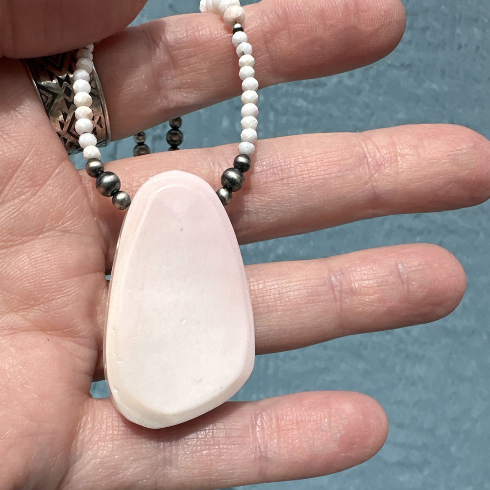 Pink Queen Conch Shell, Navajo Pearl, and Solid 925 Sterling Silver Necklace - SunlightSilver