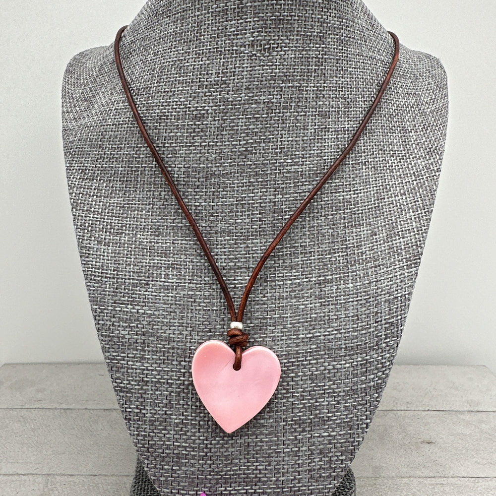 Pink Queen Conch Shell Heart, Solid 925 Sterling Silver, Freshwater pearl and Rustic Leather Necklace - SunlightSilver